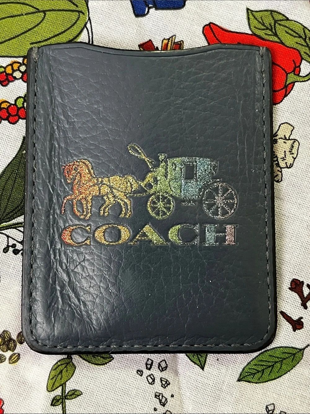 Coach Black Leather Card & Key Holder with Iridescent Logo